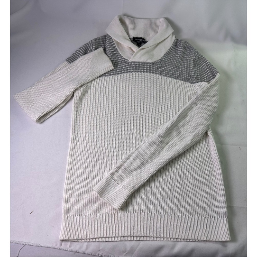 Express Mens‎ Shawl Collar Pullover Sweater Colorblock Ribbed Knit Preppy Grey M